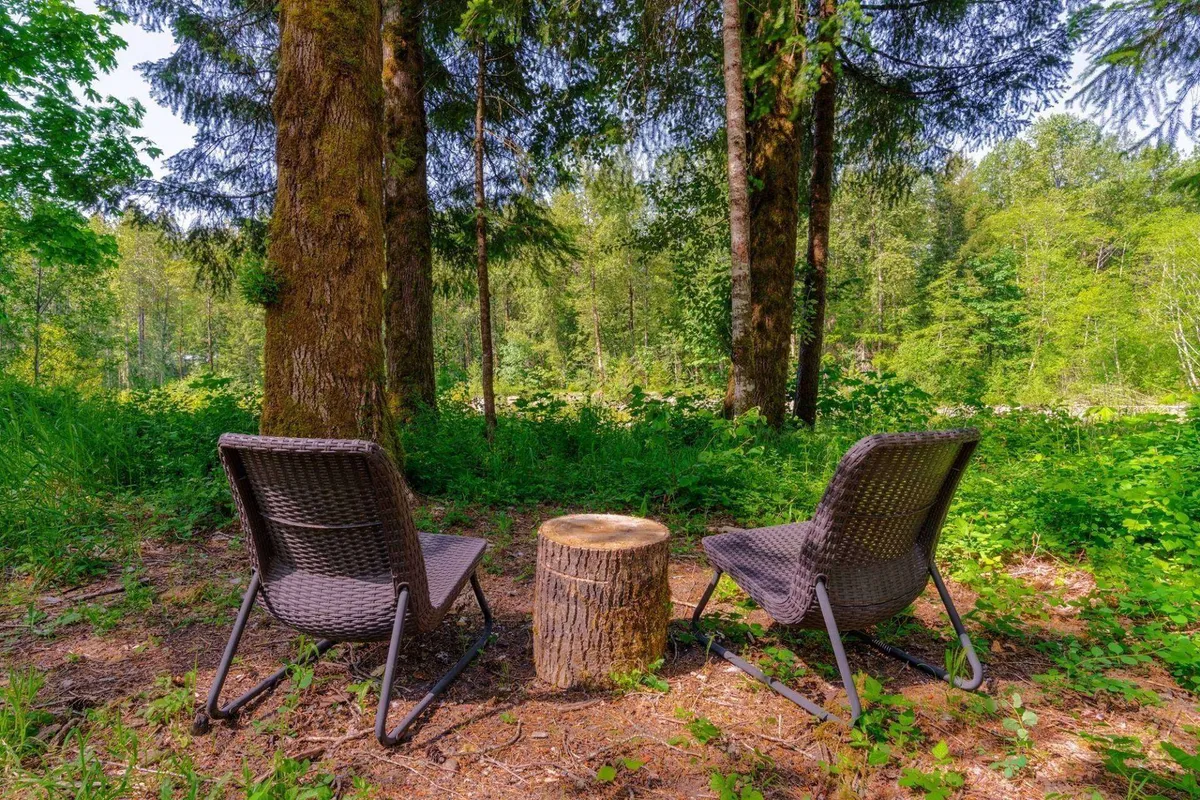 This exterior image features two comfortable chairs positioned around a wooden stump, surrounded by lush greenery. The scene suggests a private, tranquil spot for couples to relax, converse, or simply enjoy the sights and sounds of nature together.