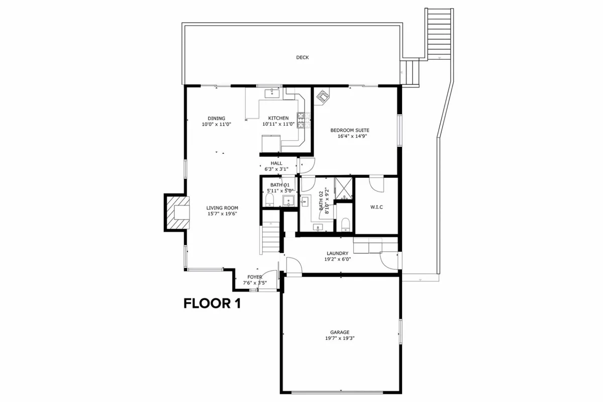 This image showcases a welcoming, sunlit open-concept space that blends the kitchen, dining area, living room, bedroom suite, and deck. The kitchen features modern finishes, the dining area is set up for gathering, and sliding doors open onto a deck with sunset views. The layout conveys effortless togetherness and the potential for memorable family meals or entertaining.